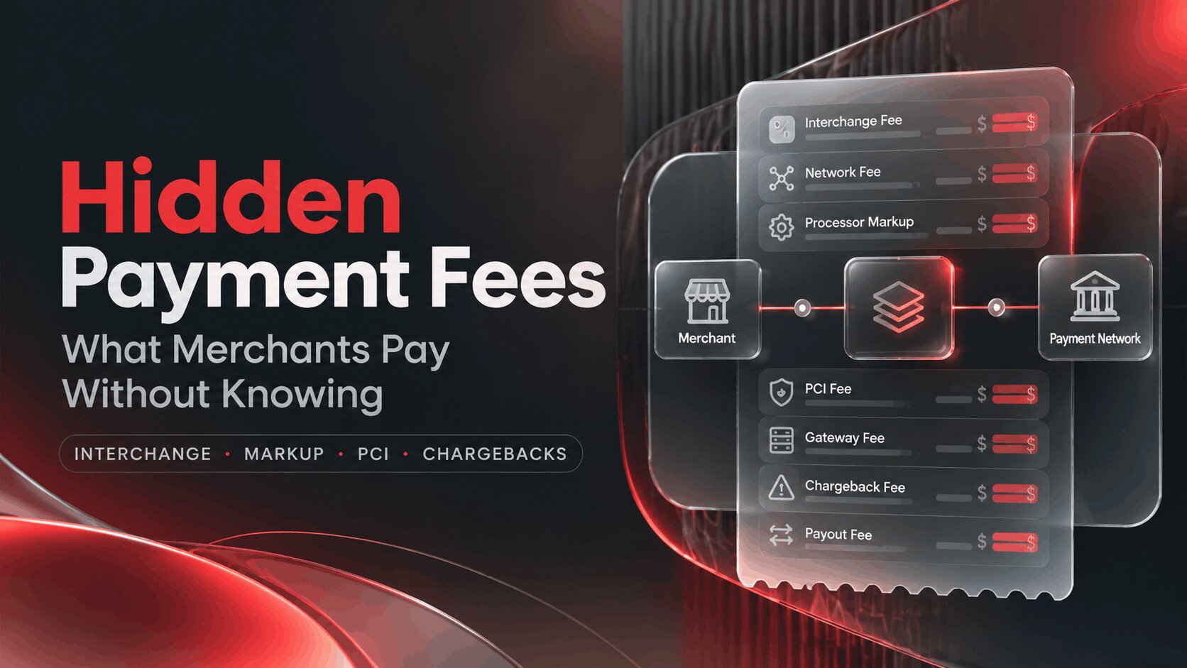 Interchange, markup, PCI, chargeback and payout fees explained, with typical rates and a $100 flat-rate vs interchange-plus example. How to cut each.